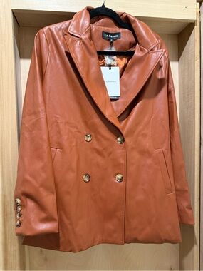 En Saison Women's Double-Breasted Faux Leather Blazer Jacket - Rust Orange NEW